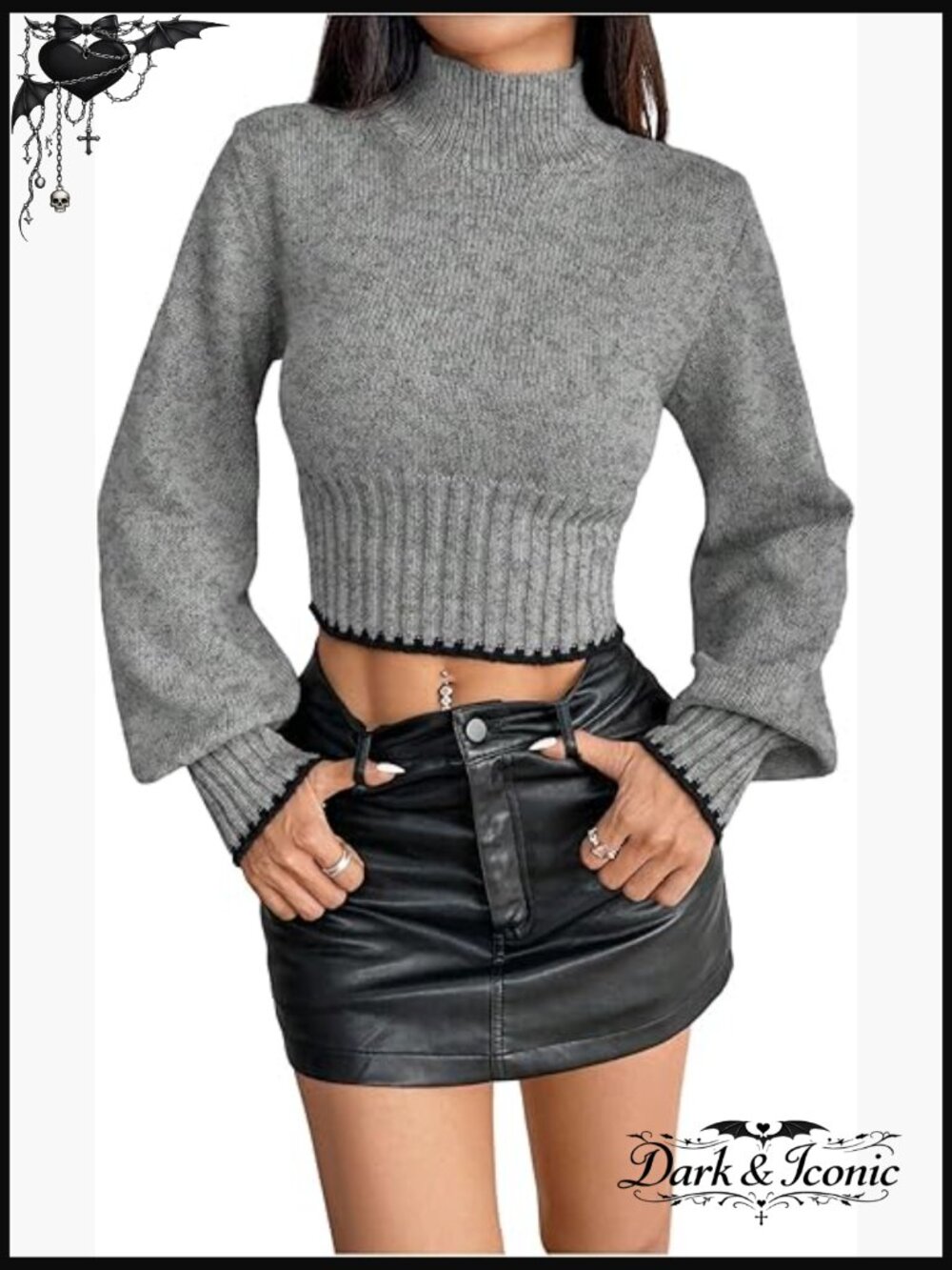 Women's Crop Sweater High Neck Lantern Sleeve Ribbed Knit Pullover
